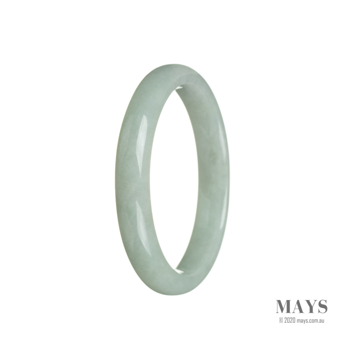 A close-up photo of a light green jadeite bangle, certified as untreated. The bangle has a semi-round shape and a diameter of 57mm. It is a beautiful piece of jewelry from MAYS™.