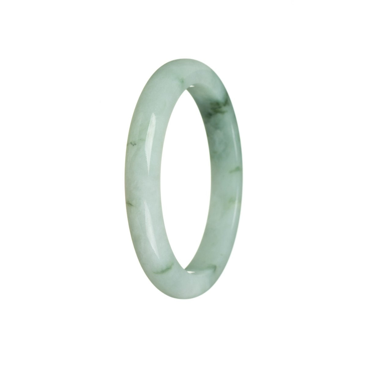 A close-up of an authentic Grade A pale green jadeite jade bracelet. The bracelet is semi-round in shape and measures 55mm in diameter. It features a beautiful pattern on the surface. This exquisite piece of jewelry is offered by MAYS GEMS.