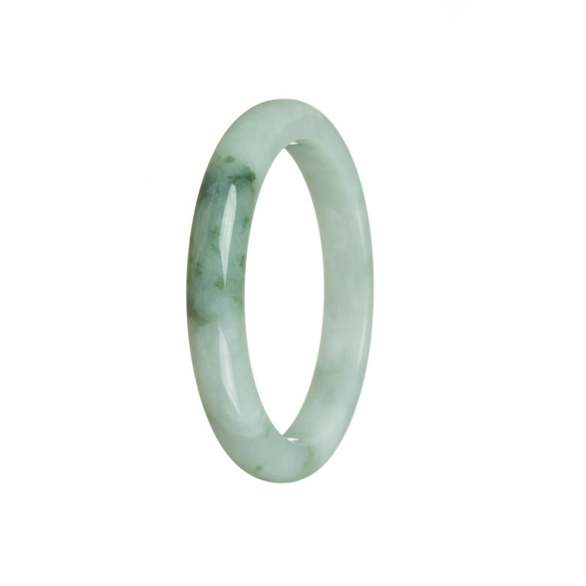 A pale green jade bangle with a certified Type A quality. The bangle has a semi-round shape and measures 55mm in diameter. It features a beautiful pattern on its surface. This bangle is from the brand MAYS™.