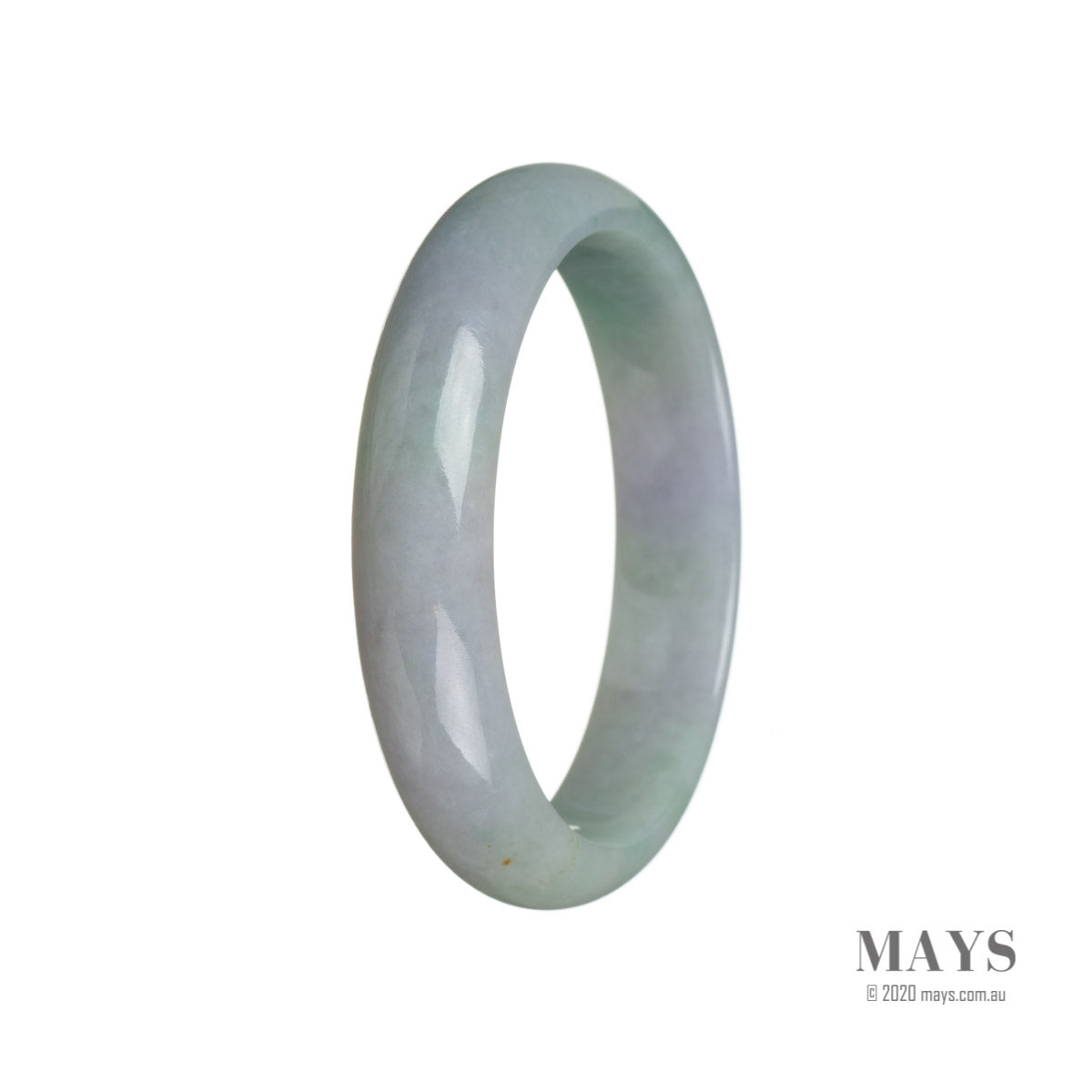 A half moon-shaped jade bangle bracelet in genuine, untreated green with lavender tones, showcasing traditional craftsmanship.