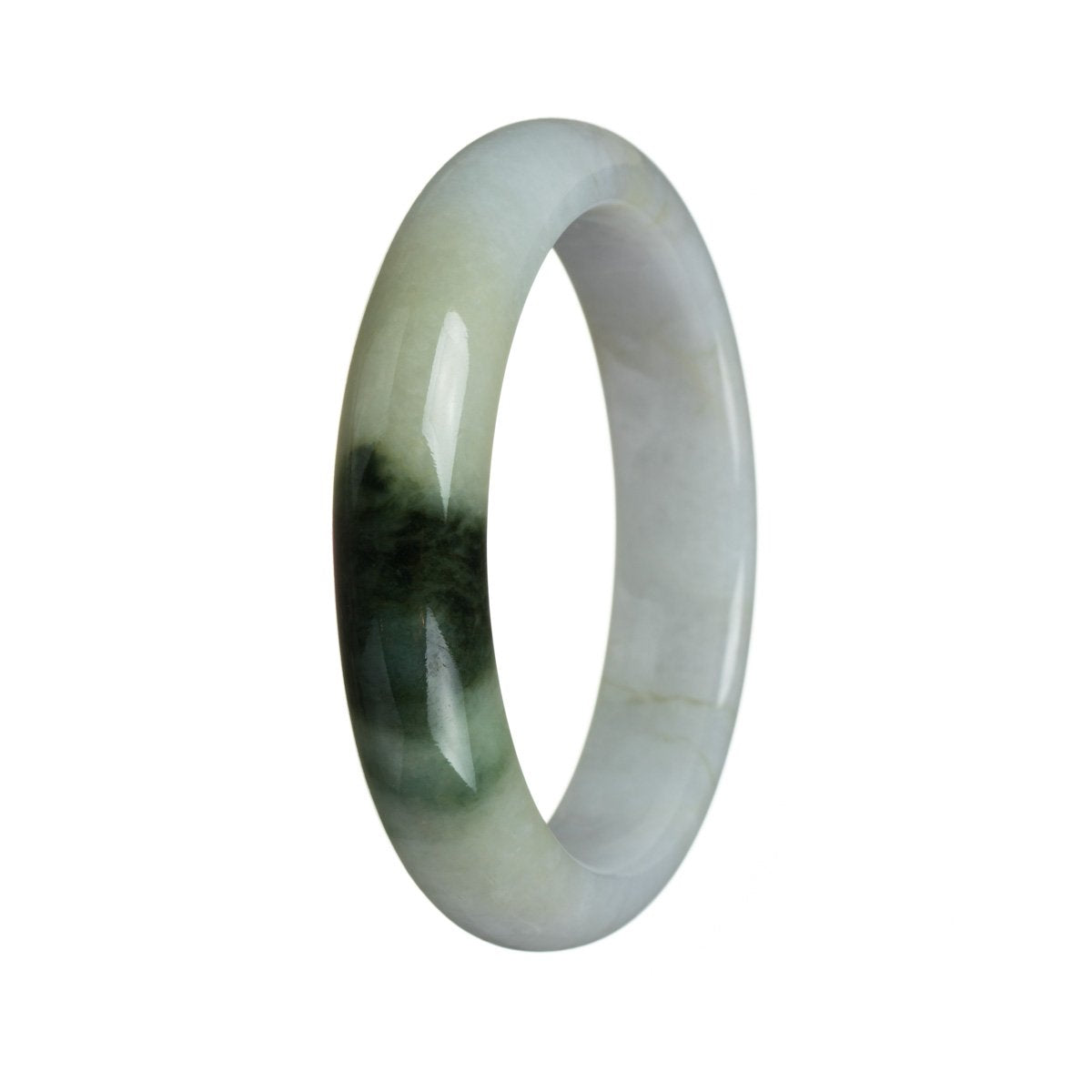 A close-up image of a beautiful white Burmese Jade bangle with intricate flower patterns carved into its surface. The bangle has a semi-round shape and measures 59mm in diameter. The high-quality jade reflects light, showcasing its natural beauty. This elegant piece of jewelry is from the MAYS™ collection.