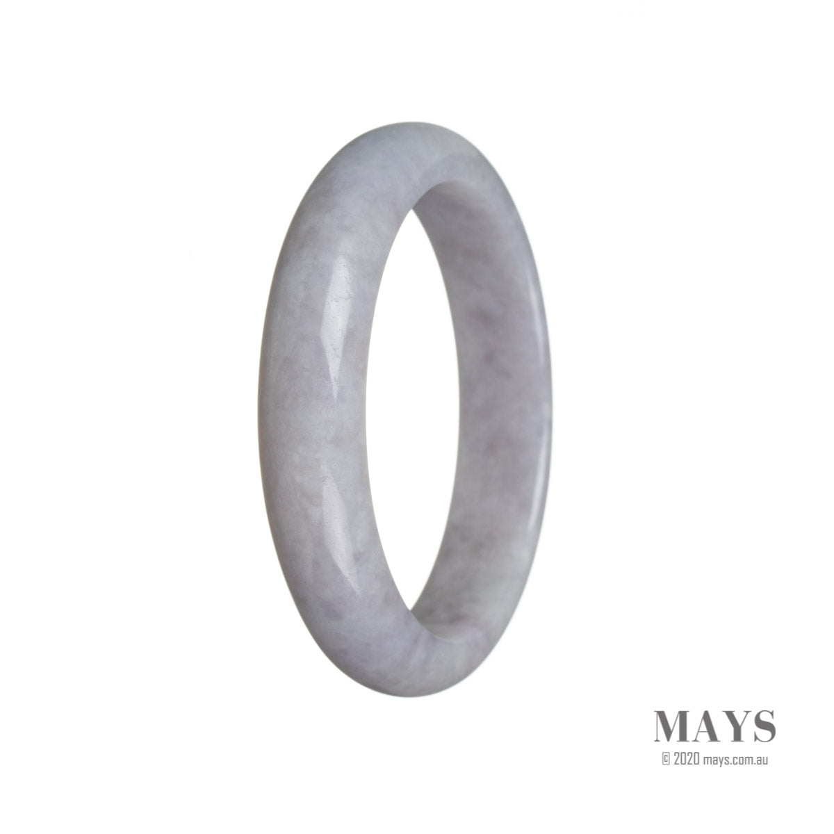 An exquisite lavender jade bangle with a half-moon shape, crafted from Grade A jadeite. A truly authentic and stunning piece from MAYS GEMS.