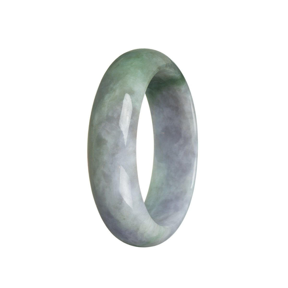 A close-up photo of a lavender-colored jade bracelet with a half moon shape. The bracelet is made with genuine, untreated lavender jade and features a traditional green jade bead.