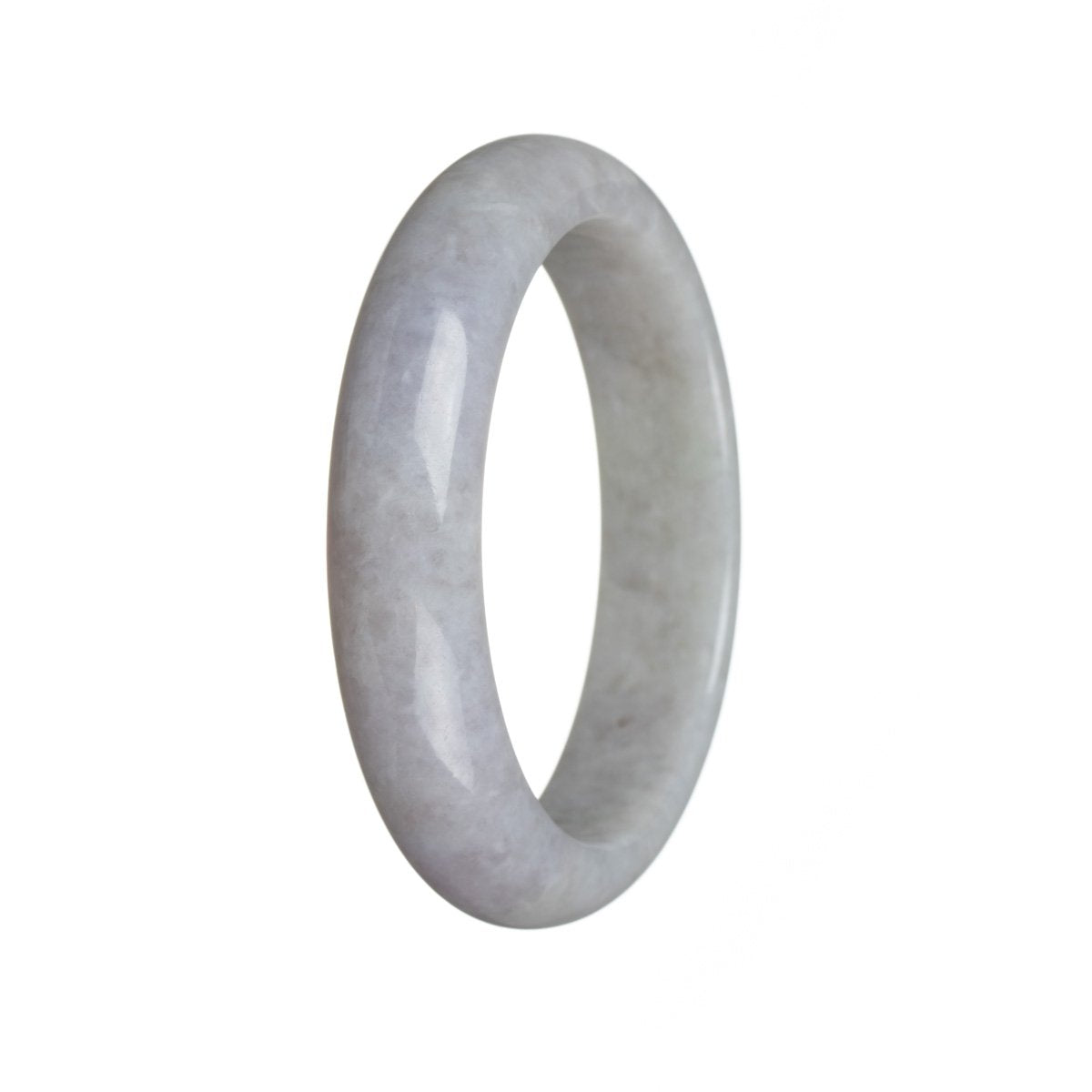 A lavender traditional jade bangle bracelet with a semi-round shape and authentic Grade A quality. It measures 61mm in diameter. Sold by MAYS.