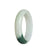 A close-up image of a pale green flower jade bangle bracelet with a half-moon shape, measuring 52mm. The bracelet is made of genuine grade A jade and is a product of MAYS™.