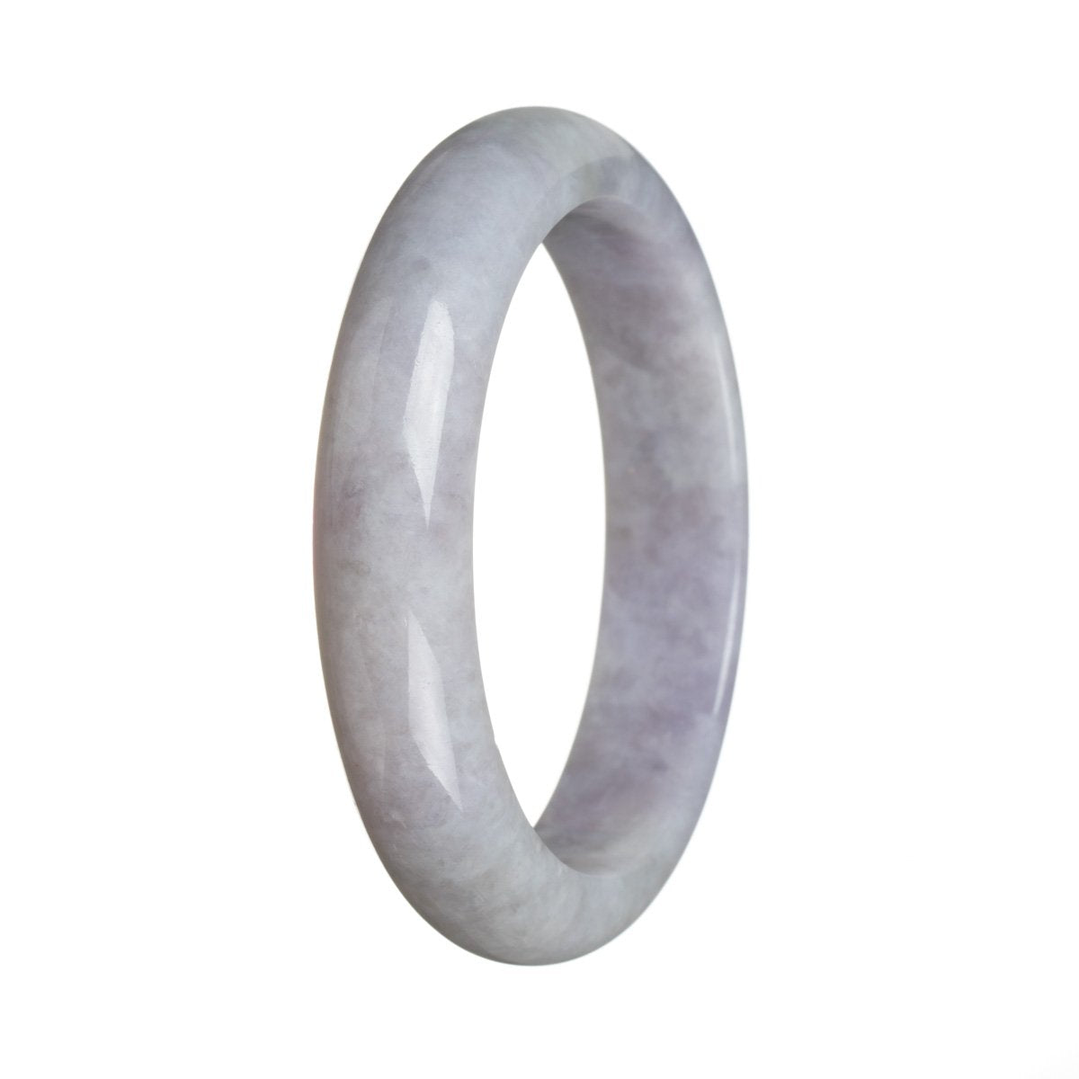 Close-up image of a beautiful lavender and green bangle bracelet made of untreated Burma Jade, with a unique half moon shape, measuring 61mm.