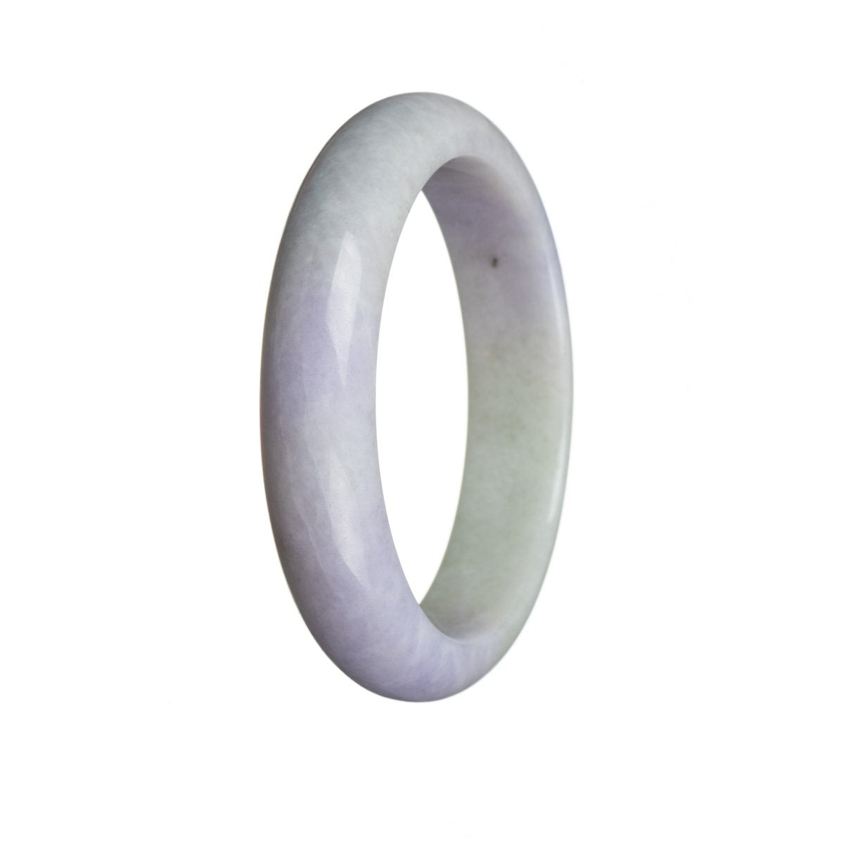 A close-up image of a lavender-colored Traditional Jade Bracelet. The bracelet is semi-round, with a diameter of 55mm. The jade has a Grade A quality, featuring shades of lavender with subtle hints of green throughout. The bracelet is designed in a traditional style and is made by MAYS™.