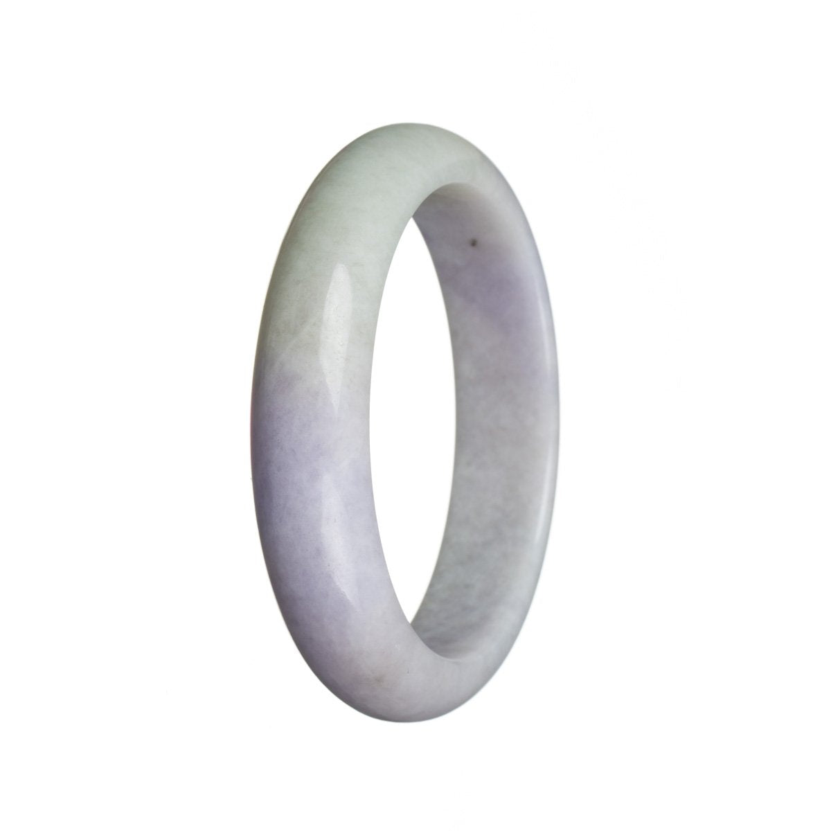 Close-up image of a lavender-colored bangle made of genuine Grade A lavender with hints of green Burma Jade. The bangle has a semi-round shape and measures 55mm in diameter. It is a MAYS™ product.