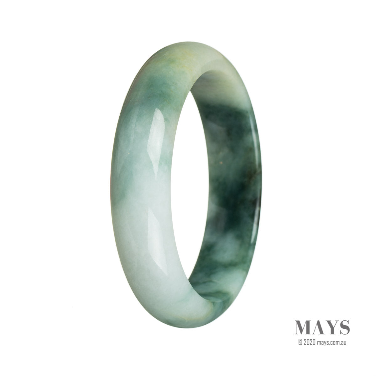 A close-up image of an authentic Type A Green flower Jadeite bangle bracelet. The bangle has a half moon shape and measures 59mm in diameter. This beautiful piece is from the MAYS™ collection.