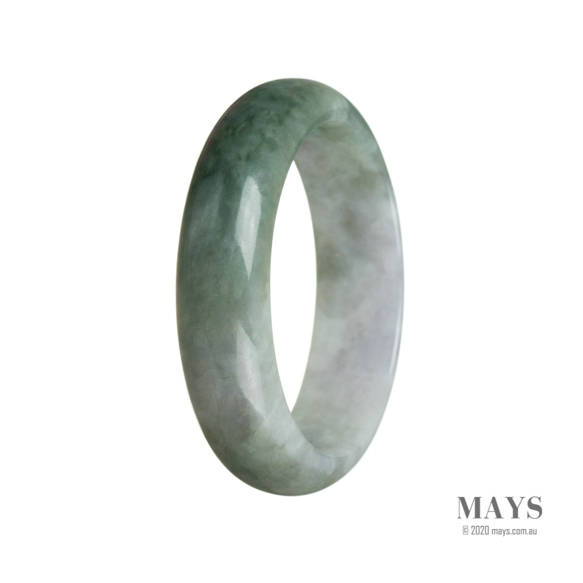 A beautiful green and lavender jade bangle bracelet with a half moon shape, made from genuine Grade A jadeite jade.
