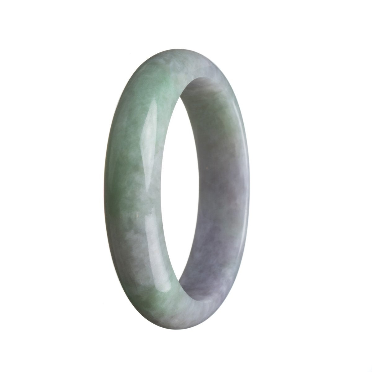 A beautiful jade bangle bracelet in a half moon shape, featuring genuine Type A Green with lavender Burmese Jade. The bracelet has a diameter of 58mm and is a stunning piece from MAYS GEMS.