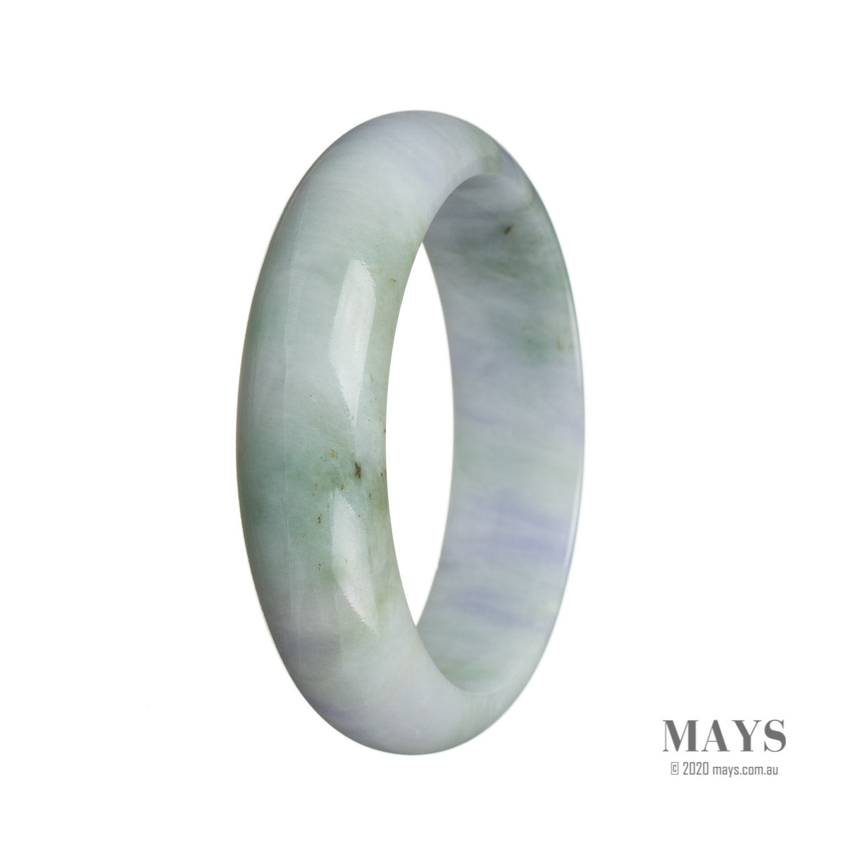 Image of a light green bracelet made from genuine grade A lavender Burma Jade. The bracelet is in the shape of a half moon and measures 59mm in size. Perfect for adding a touch of elegance to any outfit.