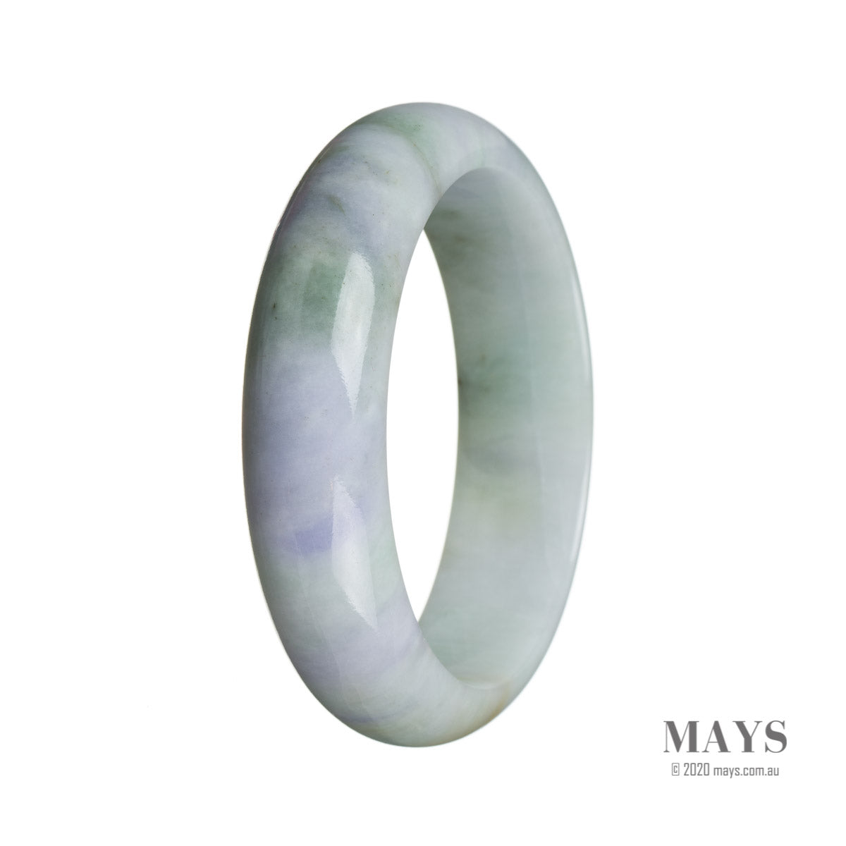 Close-up of a light green and lavender jade bracelet, featuring a half-moon shape and a smooth, polished surface. This high-quality Burma jade exudes elegance and charm.
