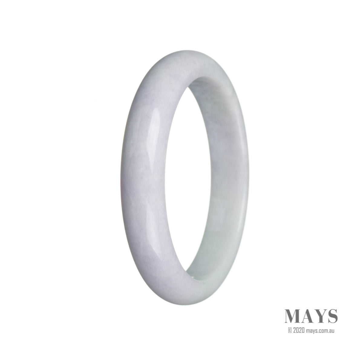 A delicate bracelet made of certified Type A pale lavender and green jadeite jade, featuring a semi-round shape measuring 59mm. Crafted by Mays Gems.