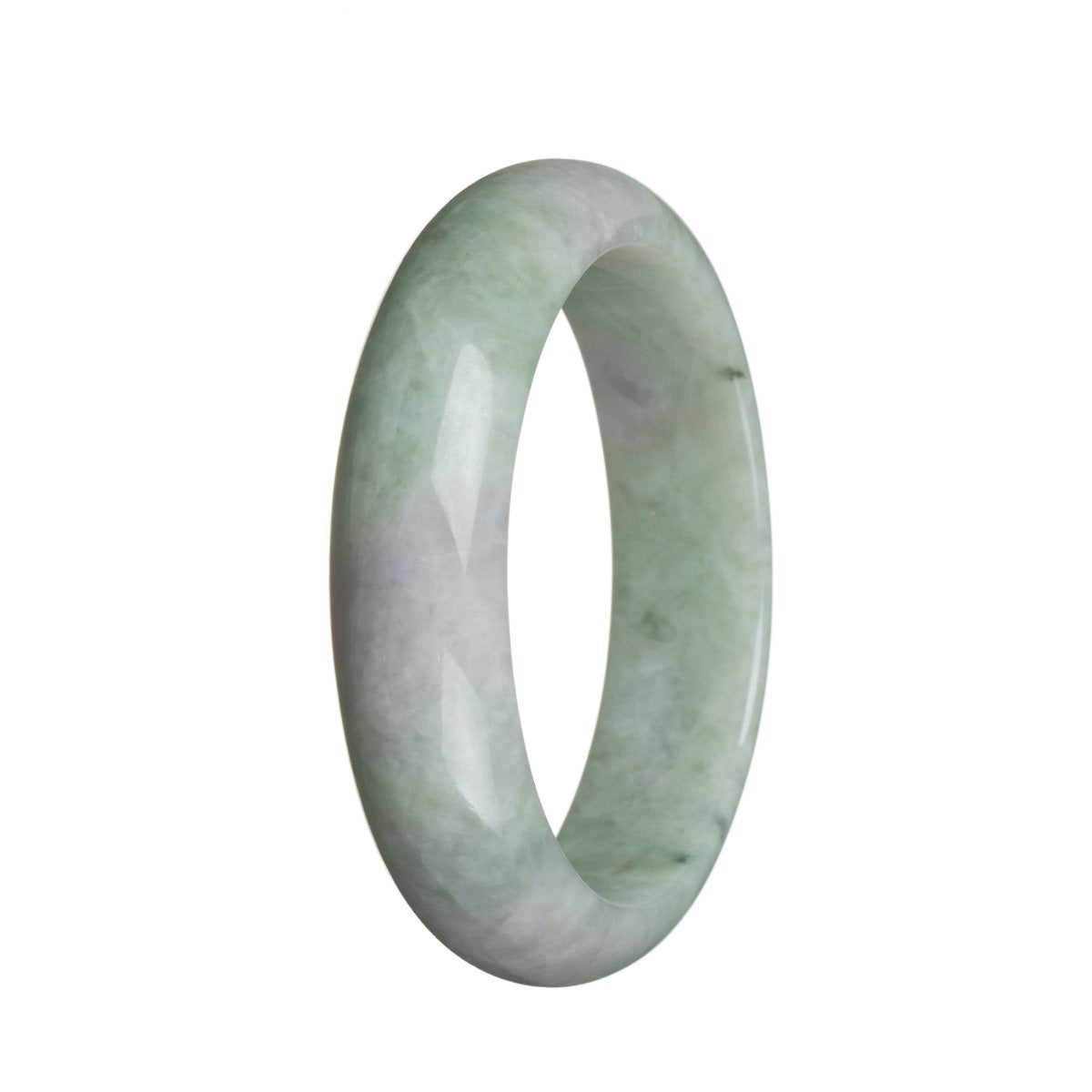 A light green Burmese jade bangle bracelet with hints of lavender, featuring a 58mm half moon shape. Genuine Grade A quality.