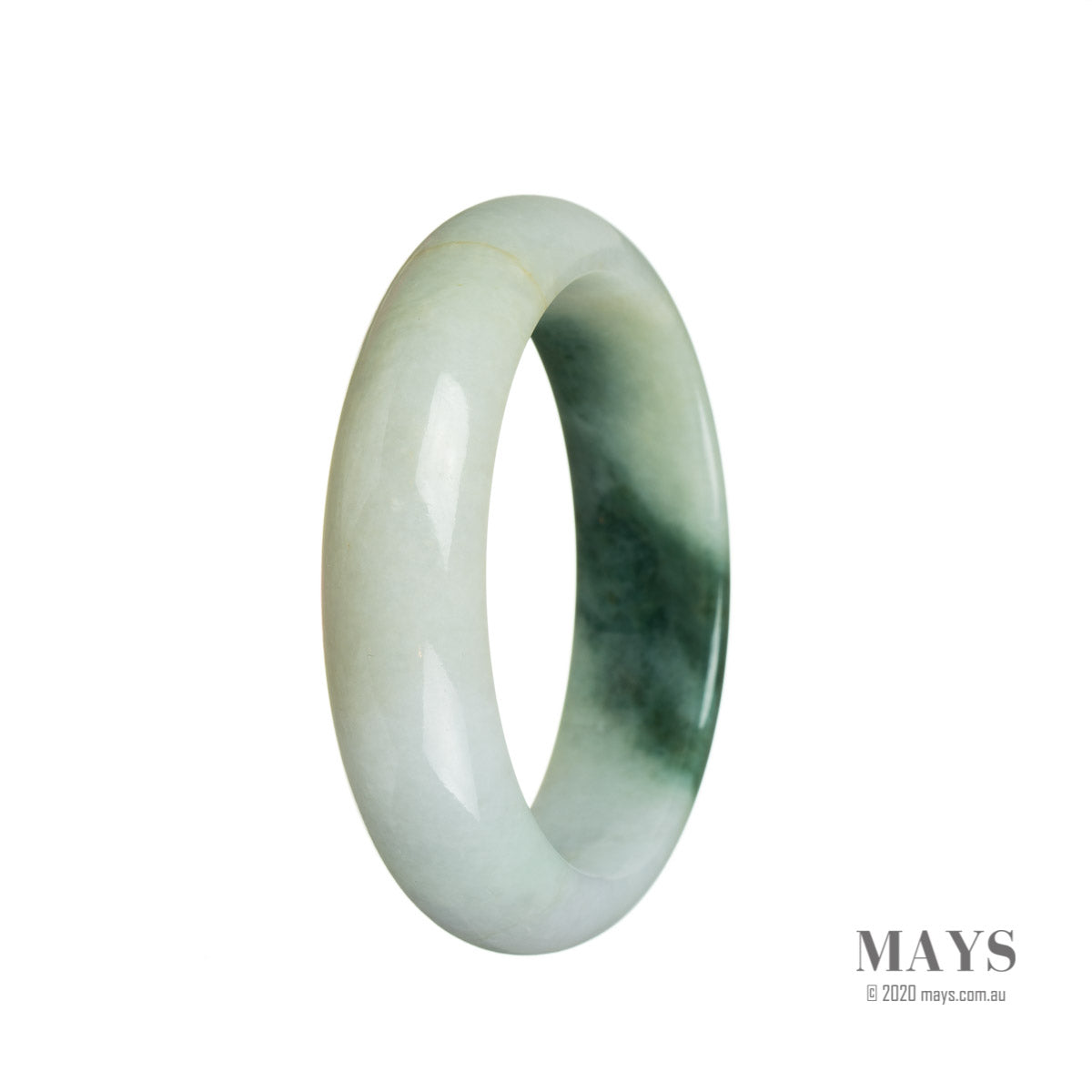 A half moon shaped, 52mm certified natural white flower jadeite jade bangle by MAYS.