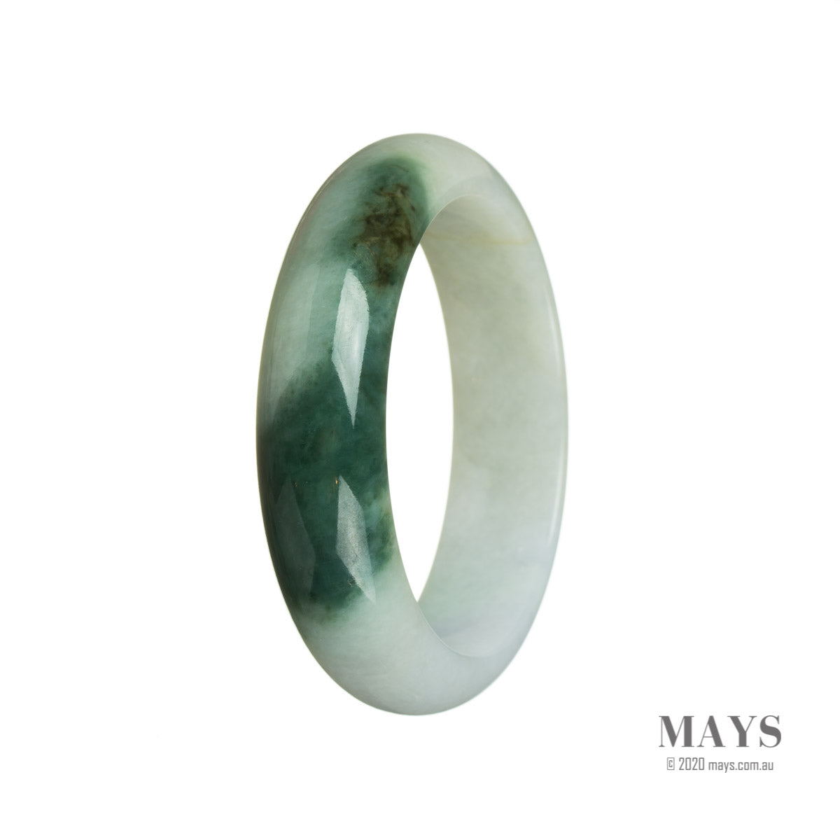 A close-up image of a beautiful, half-moon shaped white flower jade bracelet made of untreated jadeite. The bracelet is 52mm in size and is crafted by MAYS GEMS.