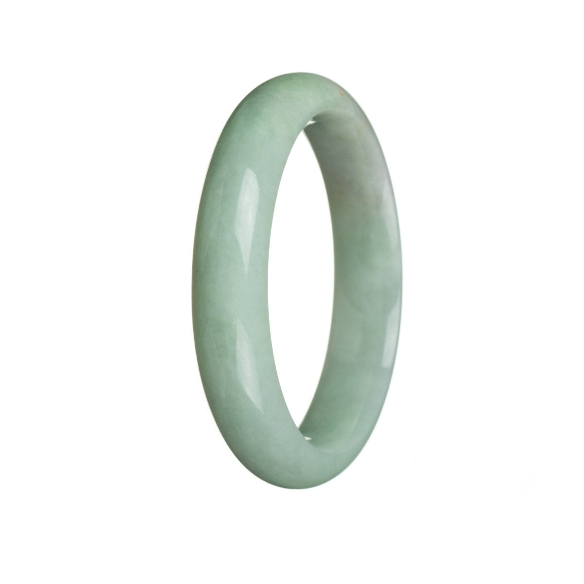 A close-up image of a green Burmese jade bangle bracelet with a semi-round shape, measuring 54mm in diameter. The bracelet exudes a genuine and natural beauty, showcasing the unique characteristics of the jade stone. Crafted with precision, this piece from MAYS GEMS is a stunning accessory that adds elegance to any outfit.