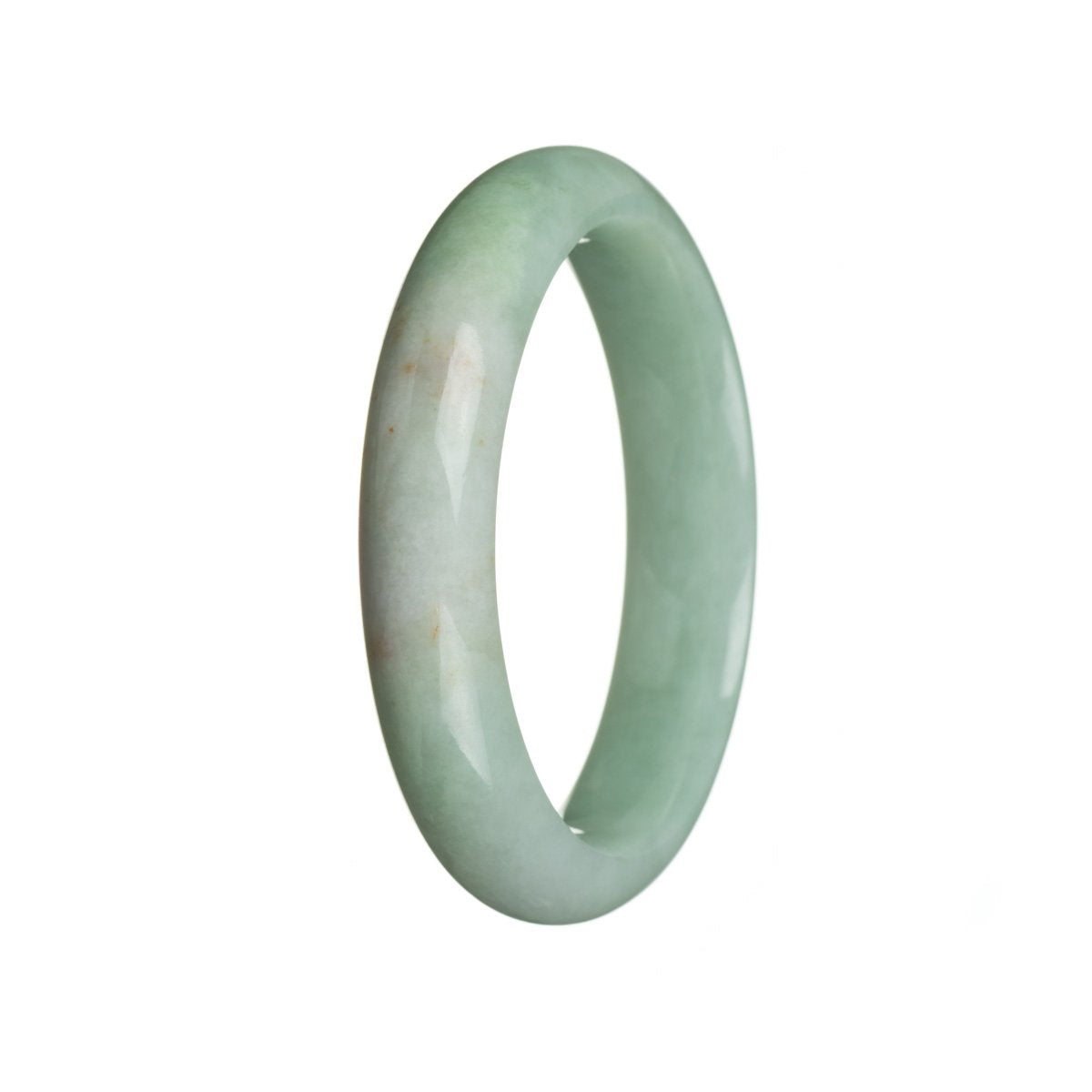 Close-up of a beautiful green jadeite jade bracelet, featuring a semi-round shape and a diameter of 54mm. The bracelet showcases the genuine Grade A quality of the jade, with its vibrant green color and smooth texture. Expertly crafted, this MAYS™ bracelet is a stunning accessory that exudes elegance and sophistication.