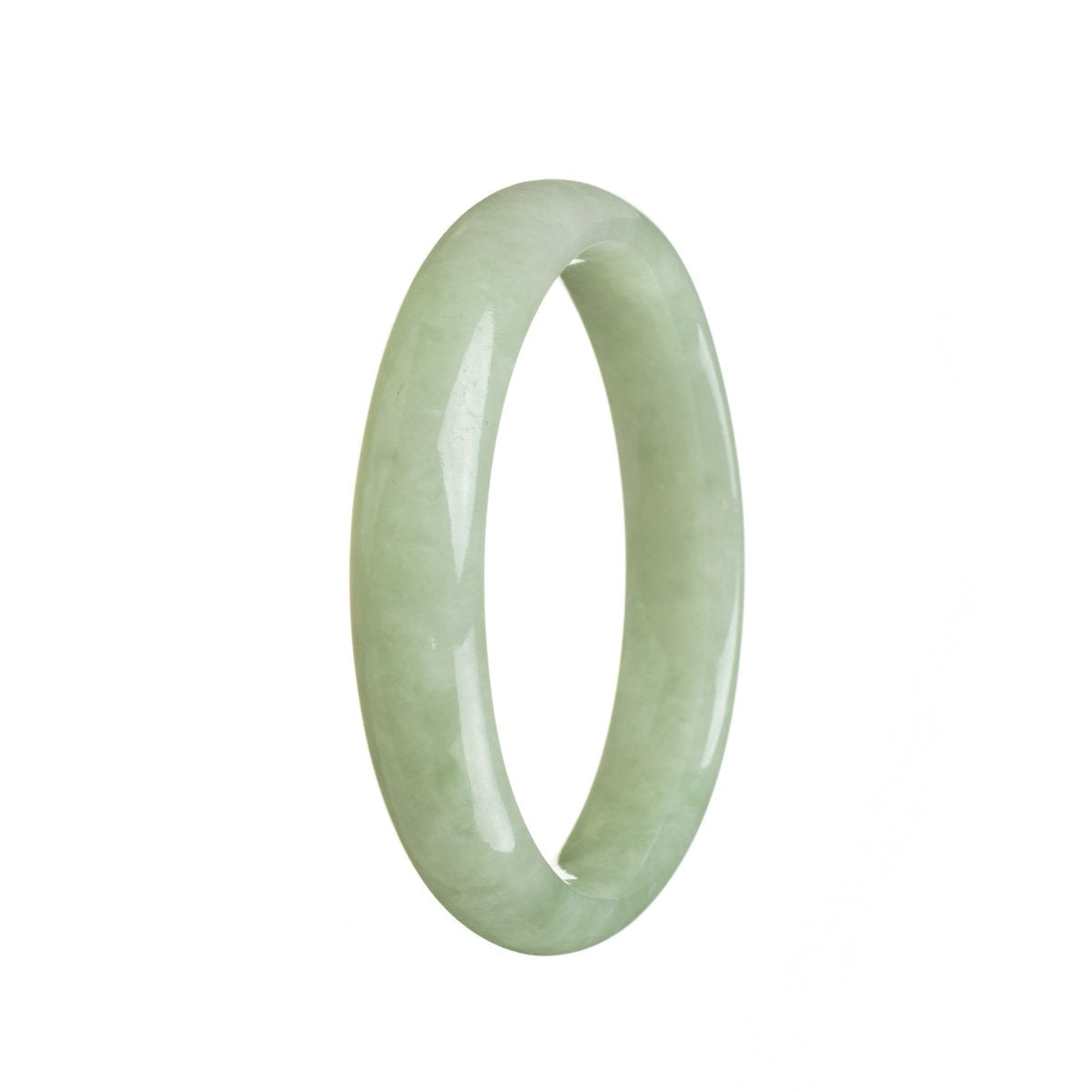 A close-up of a stunning jade bracelet in a rich olive green color, featuring a half moon design. The bracelet is made of high-quality jade and is 57mm in size. A beautiful and elegant accessory from MAYS GEMS.