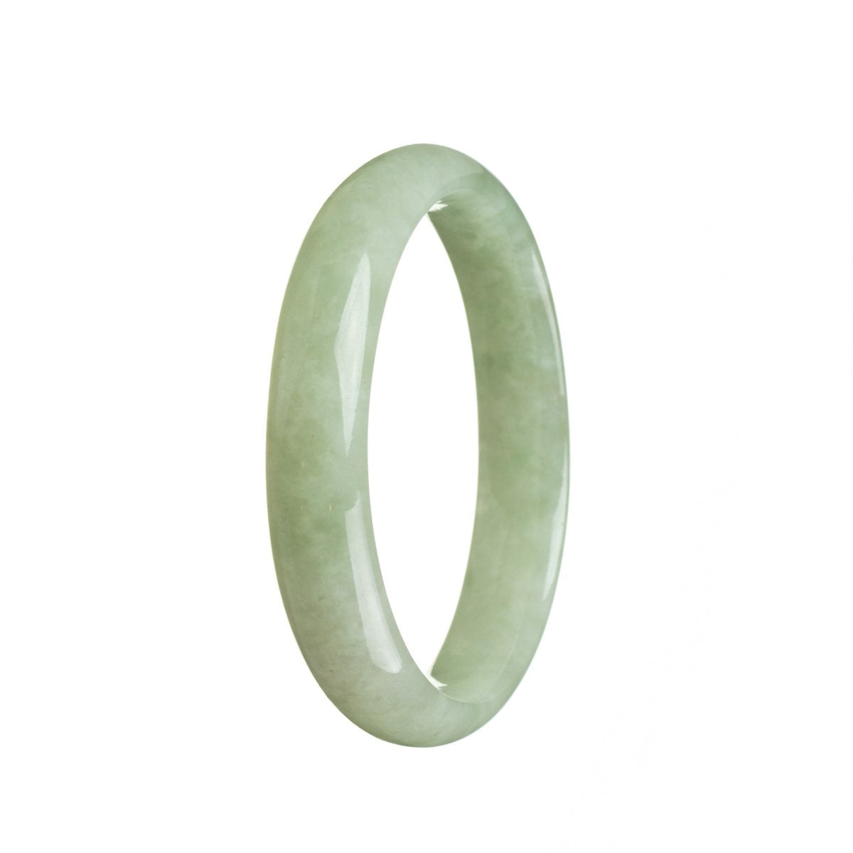 A close-up image of a beautiful, high-quality olive green jade bangle bracelet with a half moon shape. The bangle has a smooth and polished surface, showcasing the natural beauty and vibrant color of the jade. The bracelet is 57mm in size and is a real grade A piece, displaying its exquisite craftsmanship and elegance. From MAYS™.