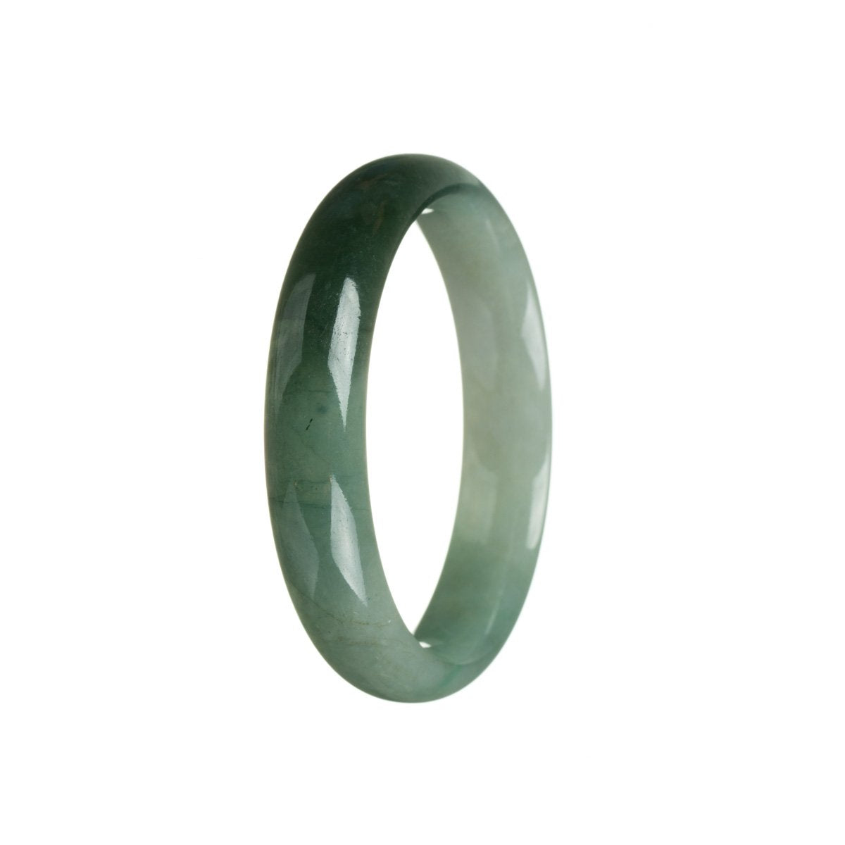 A close-up image of a half-moon shaped jade bangle bracelet with a genuine Grade A green color. The bracelet is made of dark green jade and has a 56mm diameter. It is a beautiful piece of jewelry from MAYS GEMS.