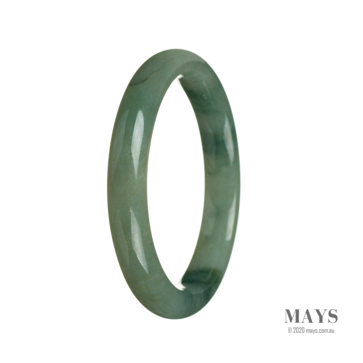 A beautiful green jadeite bangle with a semi-round shape, measuring 63mm in diameter. Crafted from genuine grade A jadeite, this bangle is a timeless and elegant piece from MAYS.
