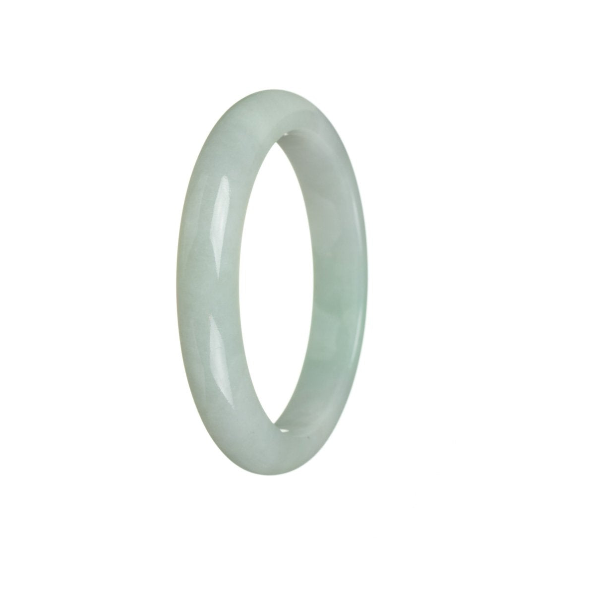 A light green, semi-round jade bangle bracelet, made from authentic untreated Burmese jade. The bangle has a diameter of 54mm and features a smooth, polished surface. The jade has a delicate, light green color, giving it a natural and elegant appearance. It is a beautiful piece of jewelry, perfect for adding a touch of sophistication to any outfit.
