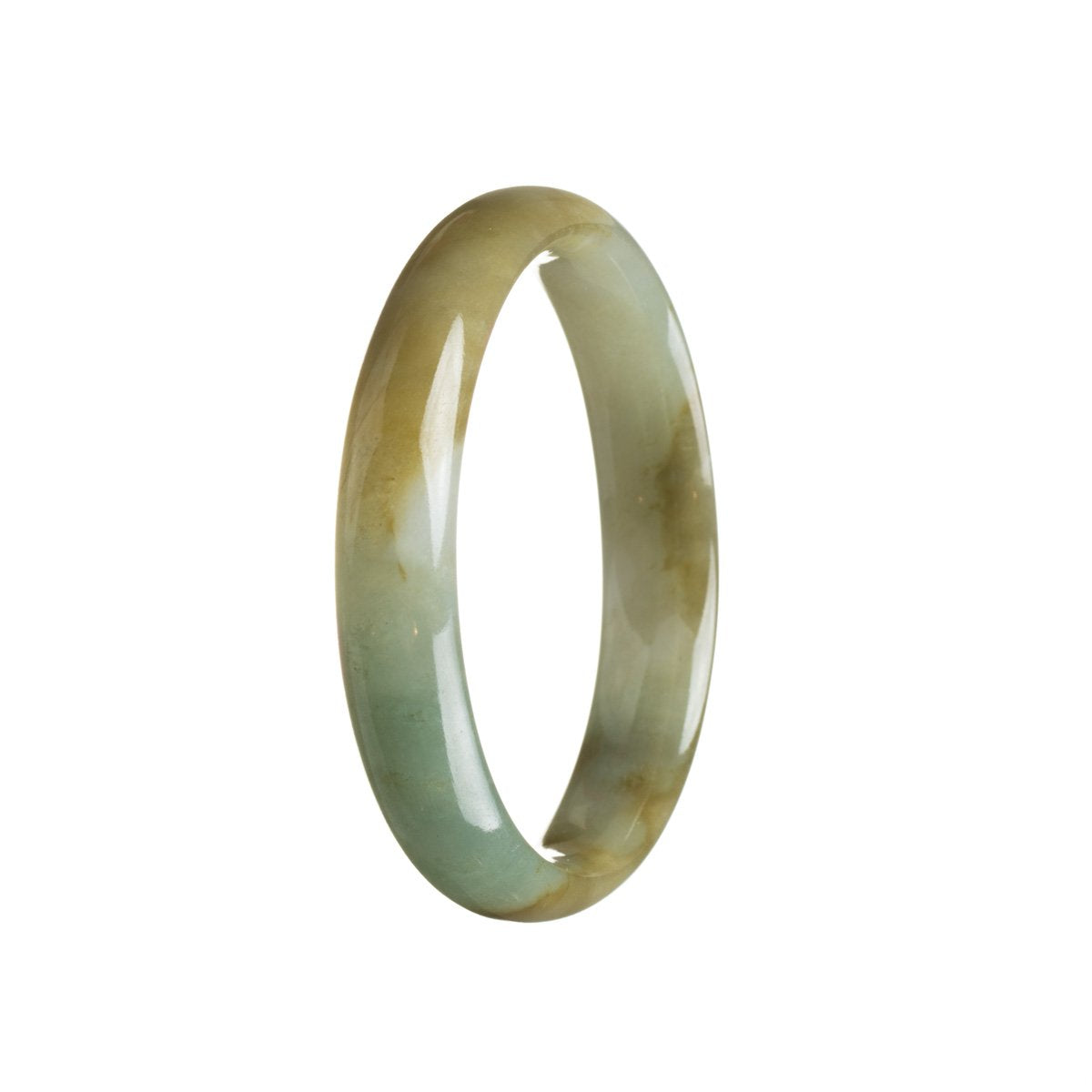 An authentic jade bangle bracelet with a natural green color and hints of brown, featuring a traditional half moon shape, measuring 55mm.
