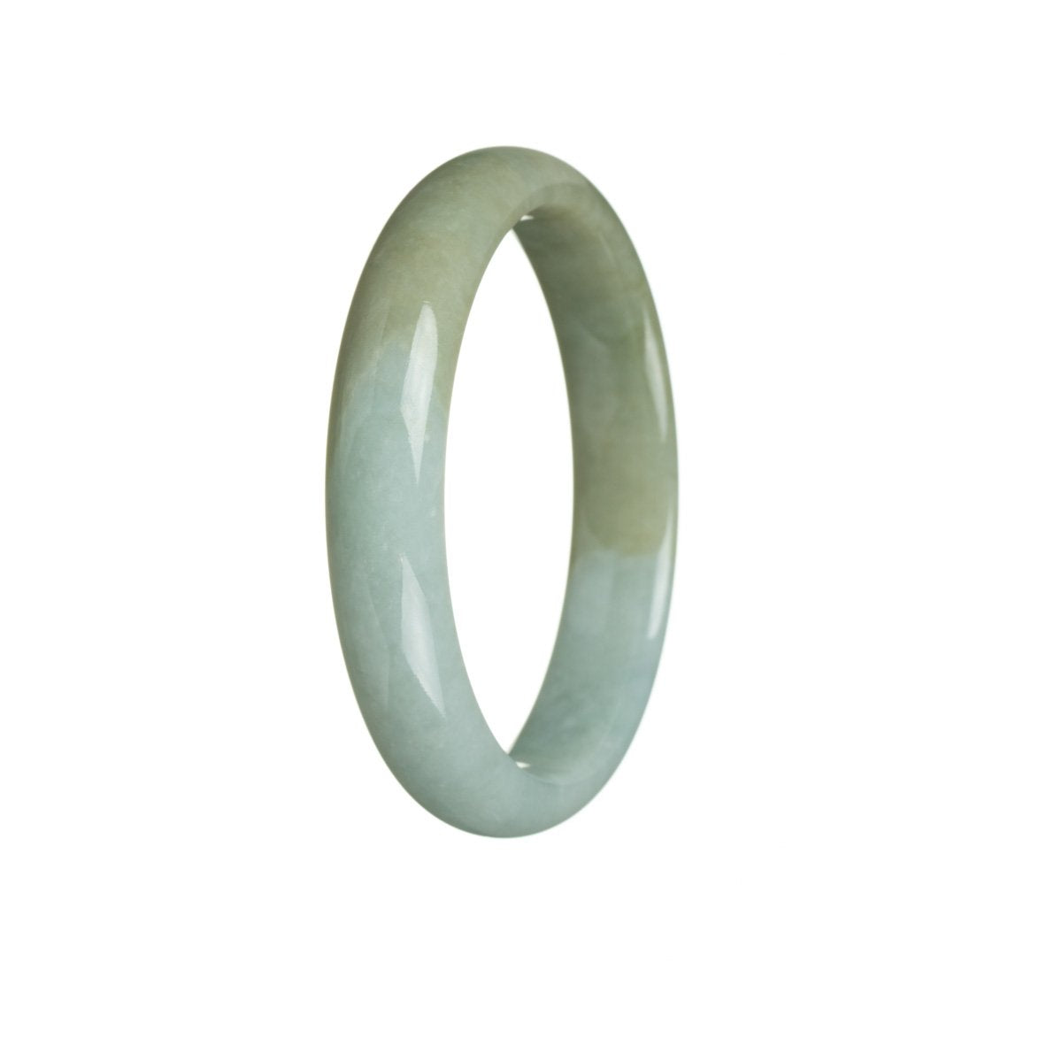 A close-up image of a stunning certified untreated green and brownish green jadeite jade bracelet. The bracelet features a 56mm half moon shape, showcasing the natural beauty of the jadeite jade.