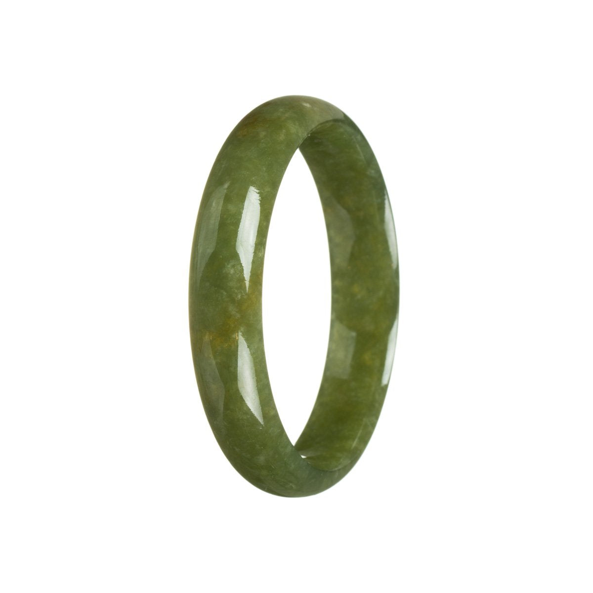 A half-moon shaped olive green Burmese jade bangle, measuring 54mm, in a genuine Type A quality.