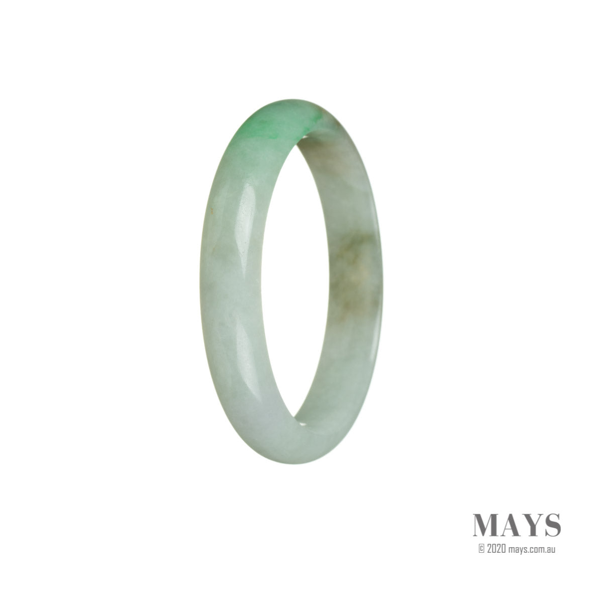 A beautiful half moon-shaped bangle made of genuine natural white jadeite jade with an intricate pattern.