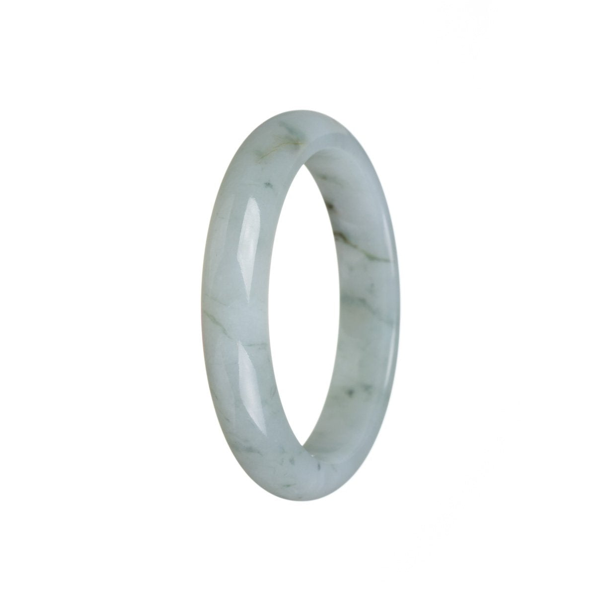 A close-up of a real untreated white jade bangle bracelet, measuring 56mm in diameter. The bracelet has a semi-round shape and is made by MAYS.