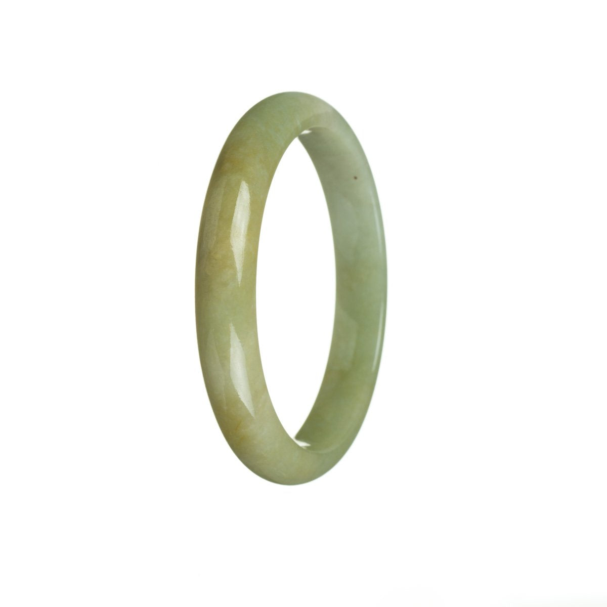 A close-up image of a beautiful yellowish green jade bracelet. The bracelet features genuine Grade A jade stones, with a semi-round shape and a diameter of 56mm. This exquisite piece of jewelry is offered by MAYS GEMS.