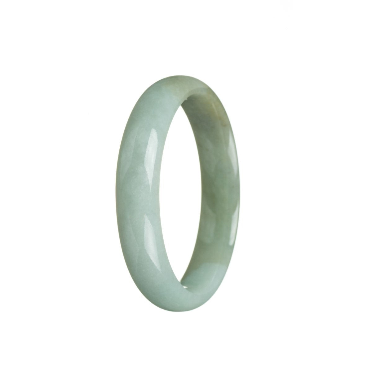 A light green jadeite jade bangle bracelet with a half-moon shape, measuring 55mm.