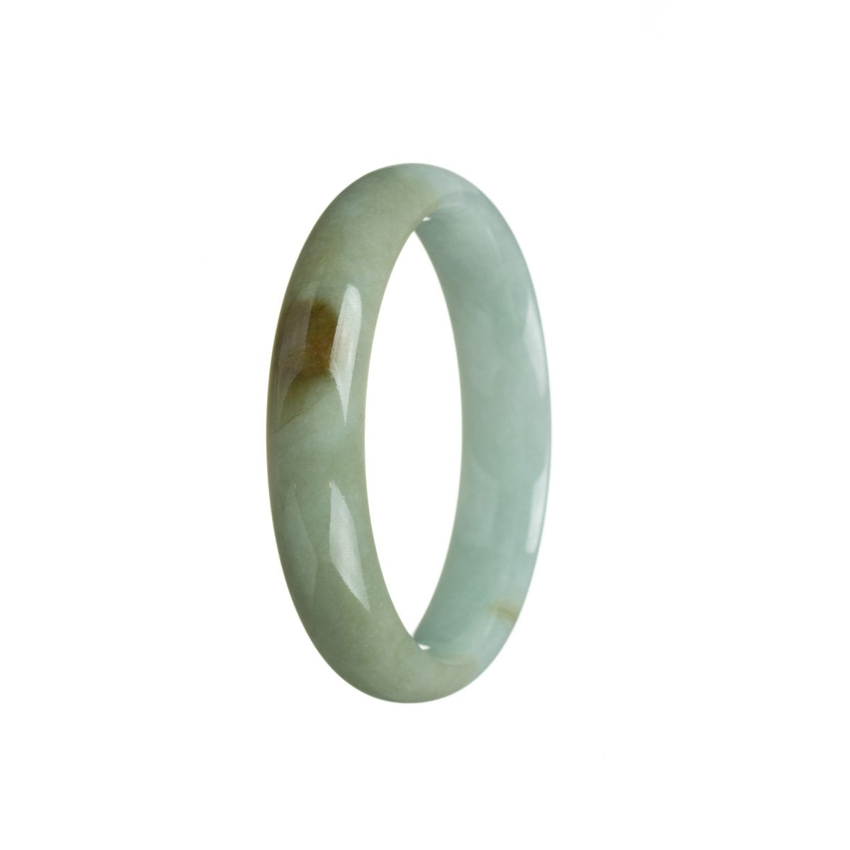 A close-up image of a half moon-shaped jade bracelet, 55mm in size, with a beautiful light green color. The bracelet is made of authentic, natural jade and is sold by MAYS.