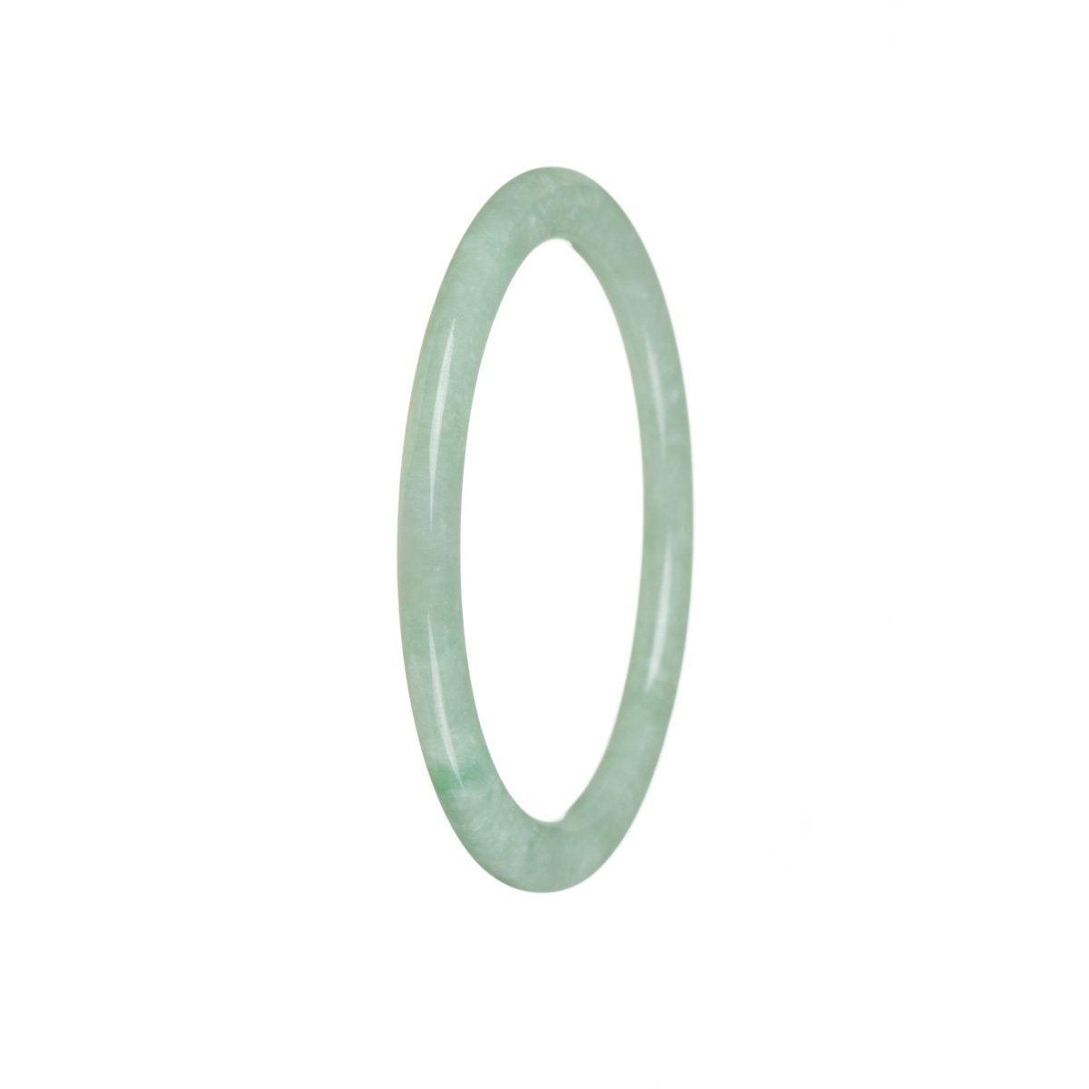A close-up image of a beautiful oval-shaped jade bangle bracelet. The jade is of high quality and has a vibrant green color. The bracelet is 57mm in diameter and is expertly crafted. It is a stunning piece of jewelry.