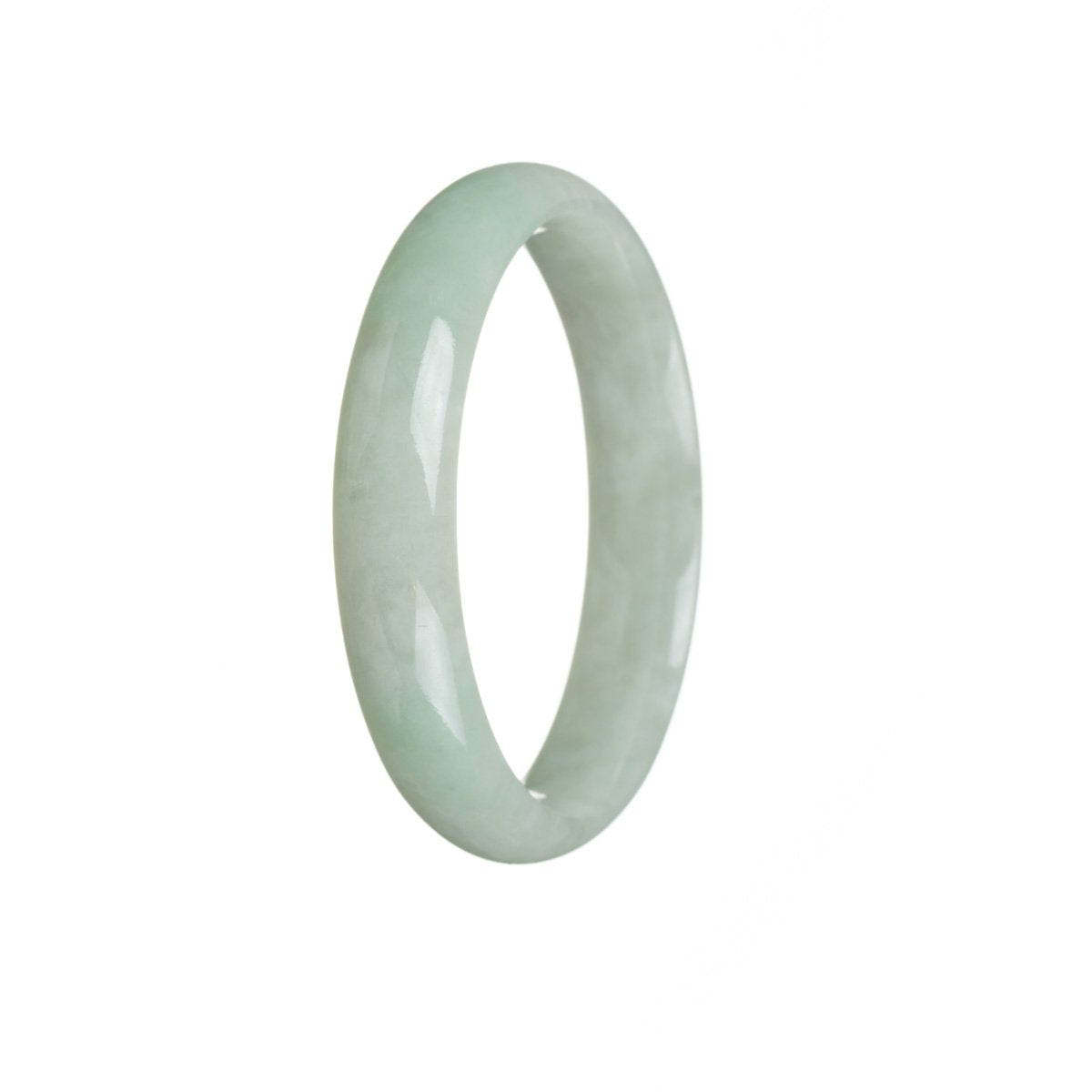 A light green, half-moon shaped traditional jade bracelet, certified as untreated, with a diameter of 56mm.