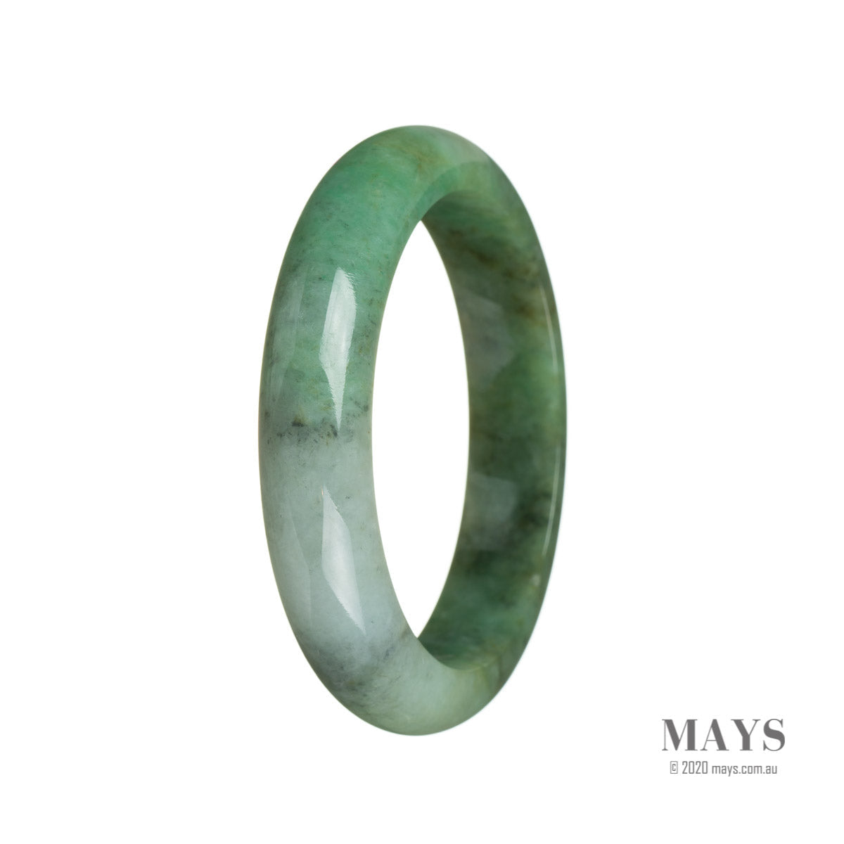 A close-up image of a traditional jade bangle bracelet in a vibrant green color with a unique pattern. The bracelet is shaped like a half moon and has a diameter of 60mm.