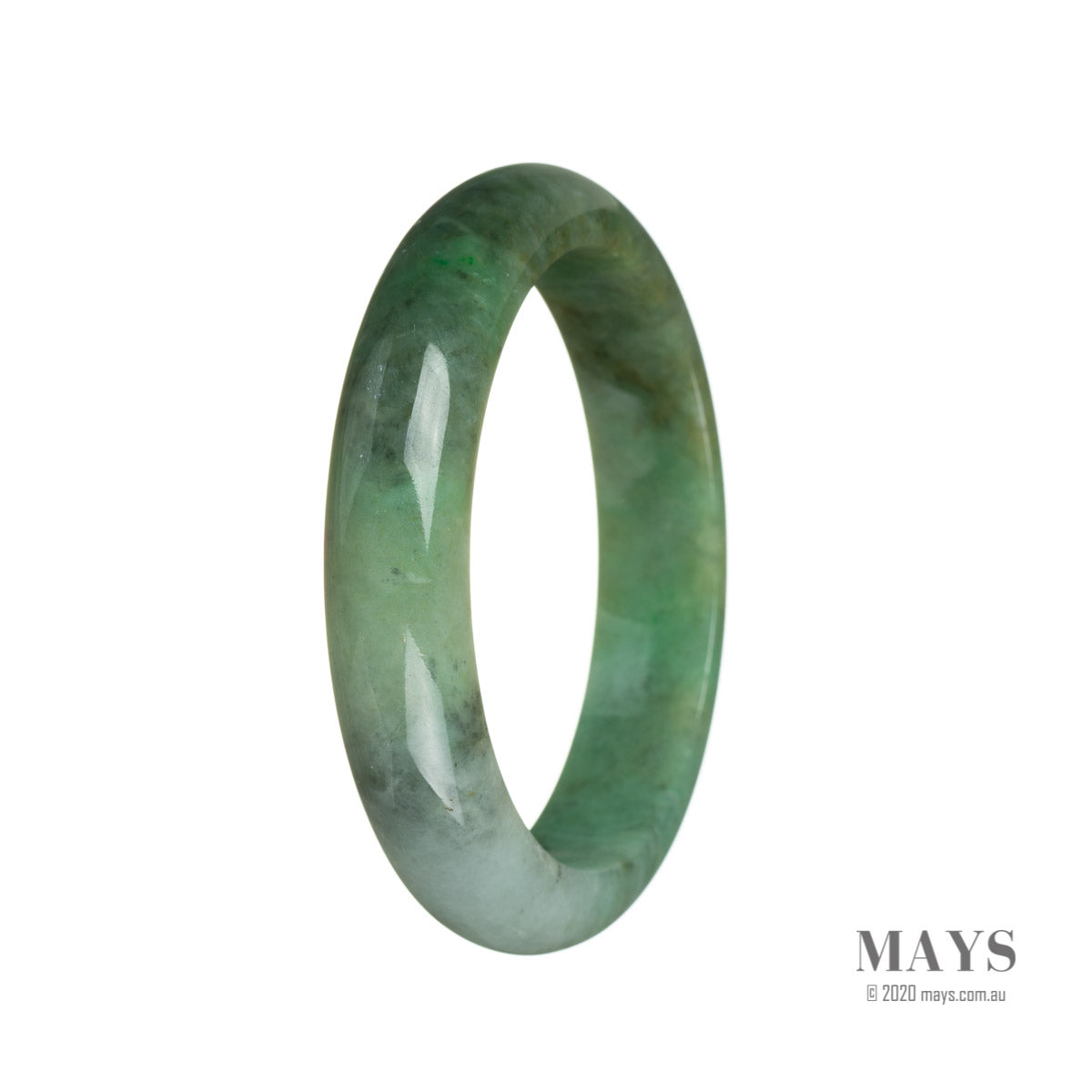 A beautiful green jade bangle bracelet with a certified Grade A quality. The bracelet features a unique half moon pattern and has a diameter of 60mm. Perfect for adding a touch of elegance and charm to any outfit.