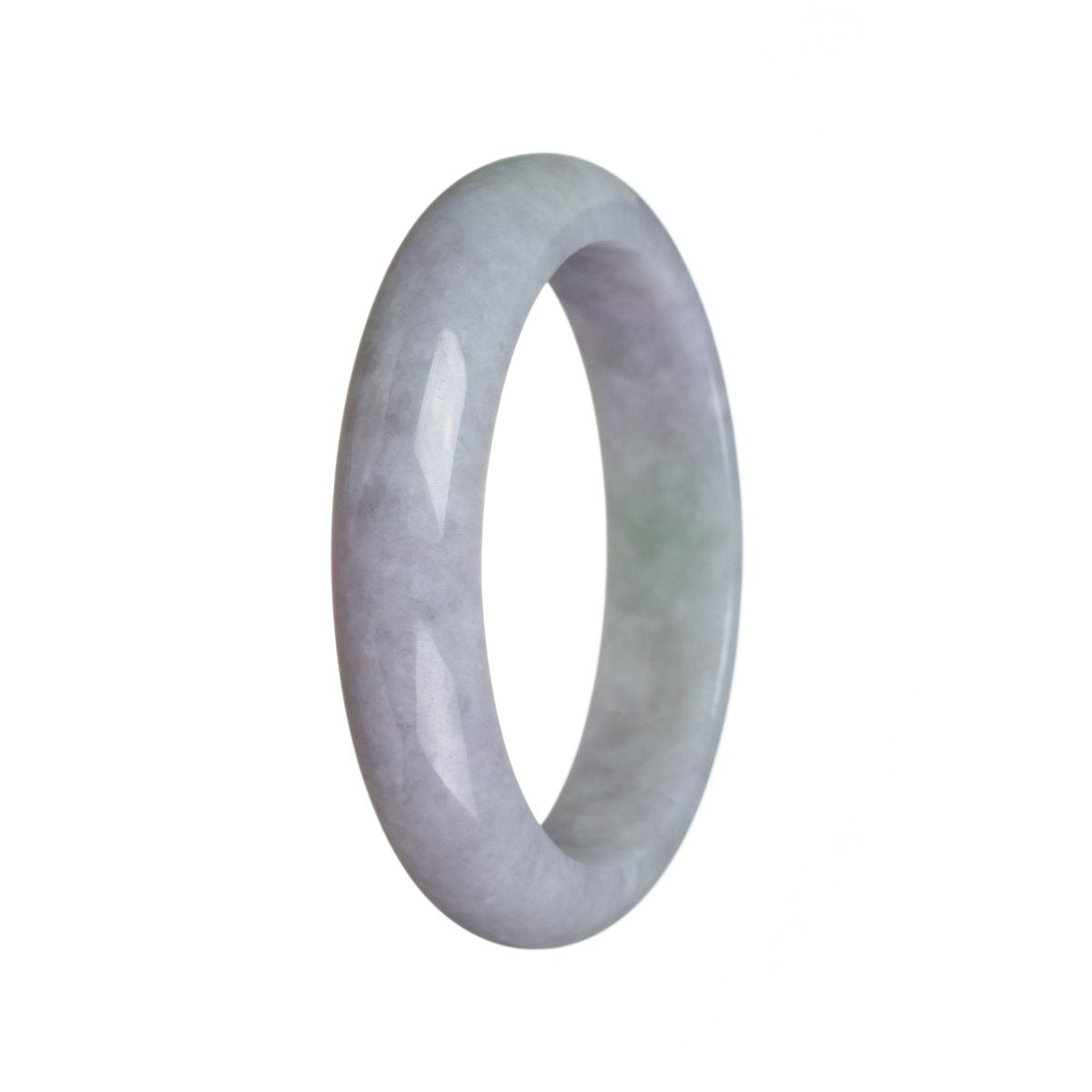 A lavender and green Burma Jade bracelet in a half moon shape, made with authentic untreated stones.