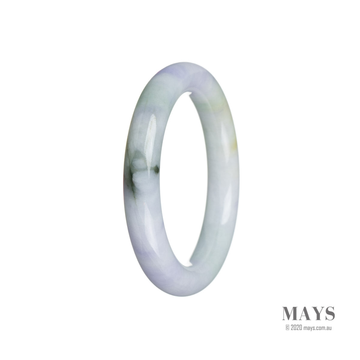 A round lavender jadeite bangle bracelet with a strong Type A Greeb (real) color. Measures 51mm in diameter. Perfect for adding a touch of elegance to any outfit. By Mays Gems.