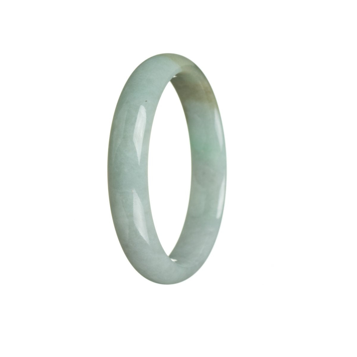 A white and green traditional jade bangle with a half moon design, measuring 56mm.