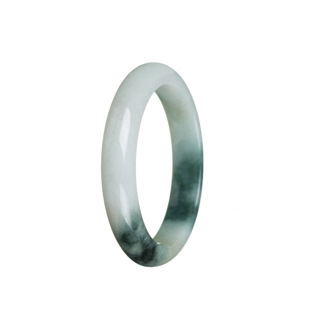 A close-up photo of a traditional jade bracelet with a white and green flower design. The bracelet is made of high-quality Grade A jade and has a semi-round shape, measuring 55mm in diameter. The brand name "MAYS" is also mentioned.