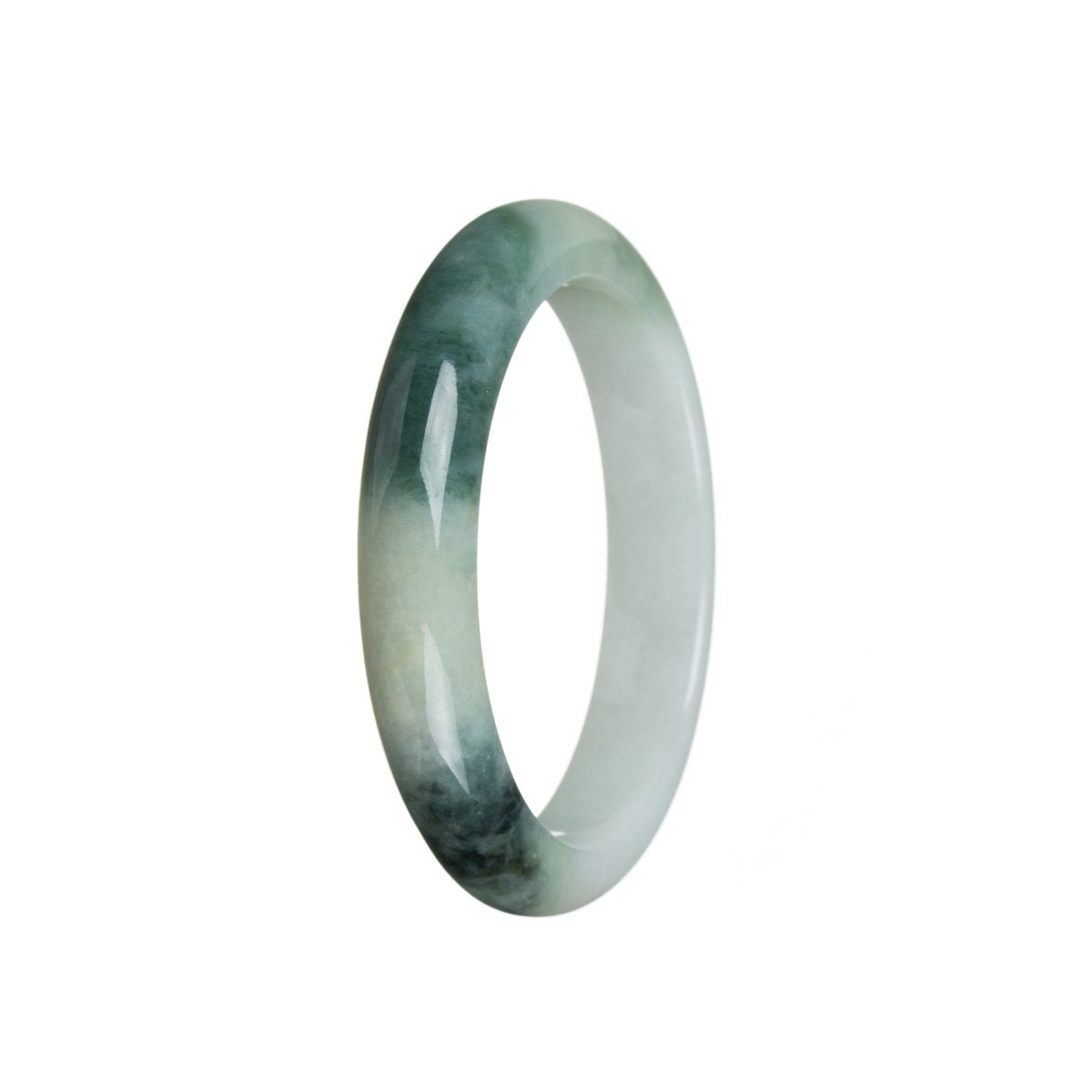 A close-up photo of a bangle bracelet made of genuine grade A white Burma Jade. The bracelet has a semi-round shape and measures 55mm in diameter. It features a beautiful green flower design on the surface. This piece of jewelry is sold by MAYS.