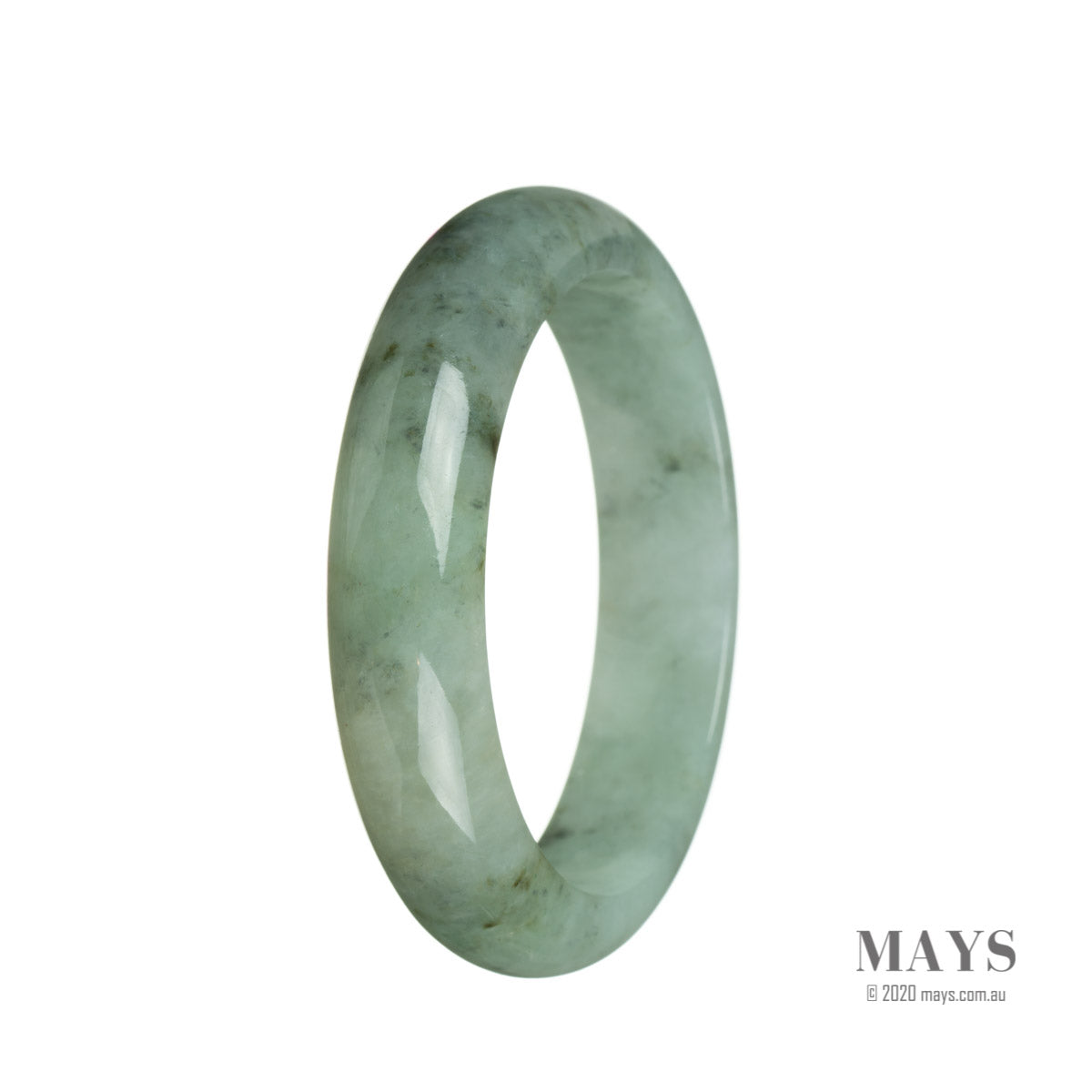 A close-up image of a beautiful green jade bracelet with a half-moon shape, measuring 60mm in diameter. This genuine Grade A traditional jade bracelet is a stunning accessory from MAYS.