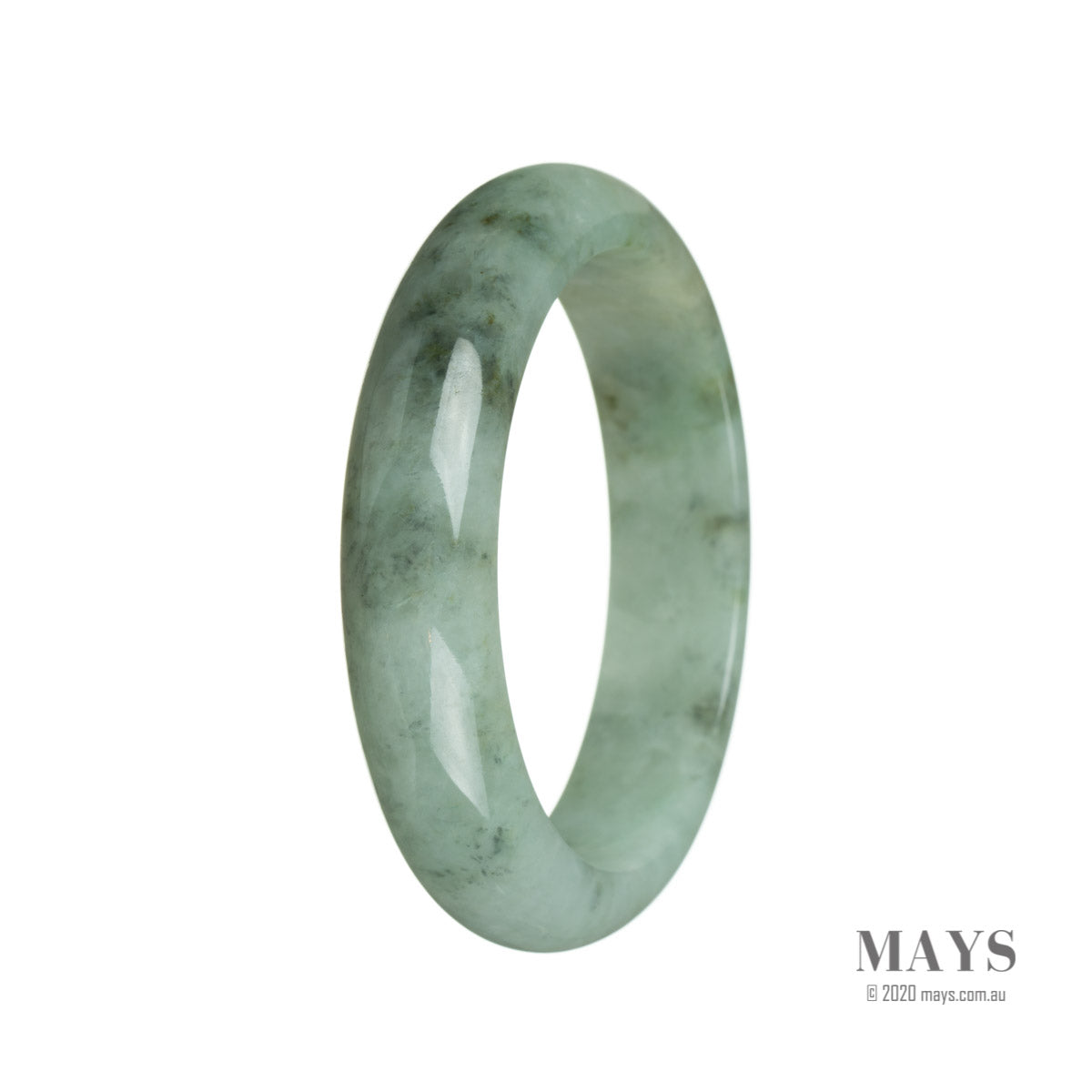 An image of a green traditional jade bangle with a half-moon shape, measuring 60mm in size. This bangle is made of authentic grade A jade and is from the brand MAYS™.