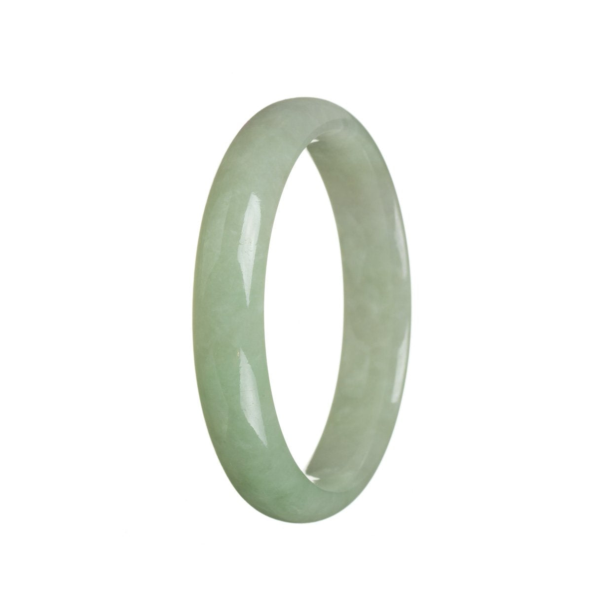 A half moon-shaped green jade bangle with a genuine natural finish, measuring 57mm in size.