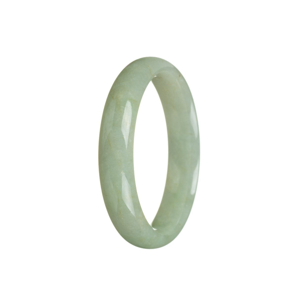 A light green jadeite bangle bracelet with a half moon shape, measuring 55mm in diameter.