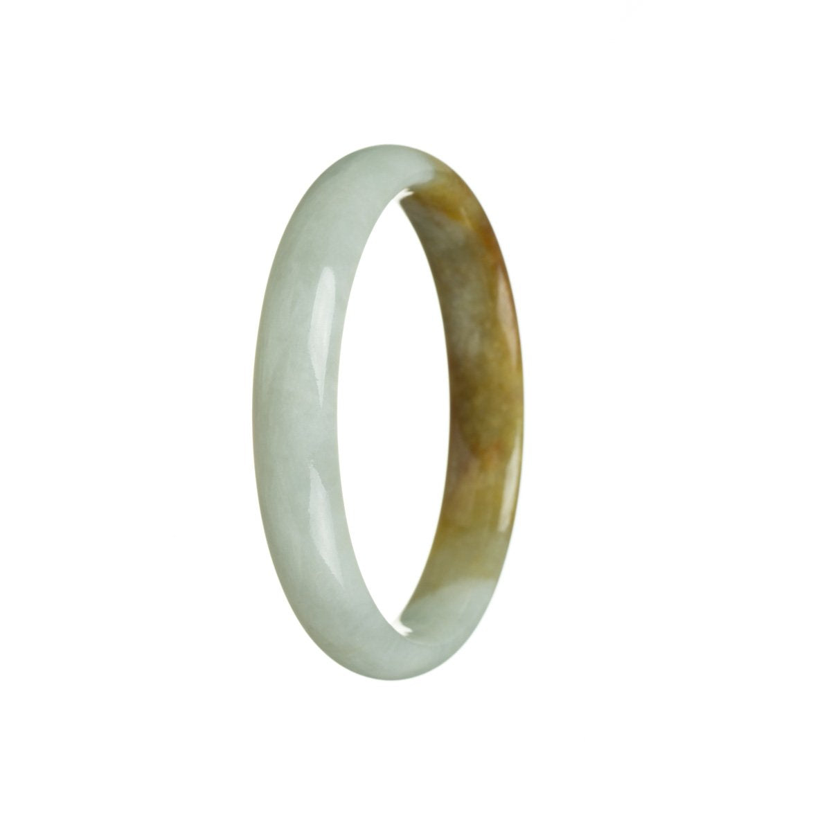 A half moon shaped bangle made of genuine pale green with brown Burma Jade, measuring 57mm in size, from the brand MAYS.